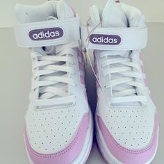 Never Worn Girls Hightop Pink And White Shoes! Great For Running, Basketball And Everyday Wear! Cute White Streetwear Sneakers, Cute White High-top Sneakers For Spring, Cute White Sneakers For Sports, Trendy White Adidas Sneakers, Cute White Sports Sneakers, Cute White Sneakers For School, Cute Purple Sneakers For School, Pink And White Shoes, Adidas Pink