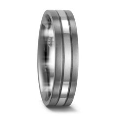 a men's wedding ring with two lines on the side and a black stripe in the middle