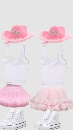 three pieces of clothing with pink and white tutues, one has a hat on it