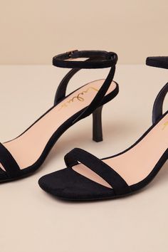 Stay comfortable and chic all through the day (and even into the evening) with the Lulus Ensley Black Suede Kitten Heel Ankle Strap Sandals! Soft faux suede shapes these eye-catching heels that feature a single sole silhouette, a square toe bed, and a slender toe strap. Matching straps sprout from the sides to wrap and secure around the ankle with a gold buckle, all atop a super cute kitten heel! 2. 75" Stiletto heel. Cushioned insole. Felted rubber sole has nonskid markings. Man made materials. Suede Sandals With Block Heel For Night Out, Suede Block Heel Sandals For Night Out, Suede Sandals For Night Out With Open Heel, Evening Suede Heels With Stacked Heel, Sleek Suede Heels For Party, Suede Heels With Padded Heel And Ankle Strap, Suede Sandals With Padded Heel For Night Out, Suede Ankle Strap Heels With Padded Heel, Suede Low Heel Evening Heels