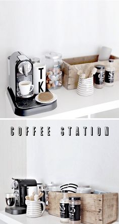 two pictures of coffee station with cups on the counter