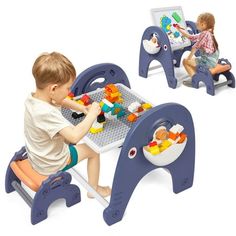 two children playing with an elephant shaped play table and chairs, both in different colors