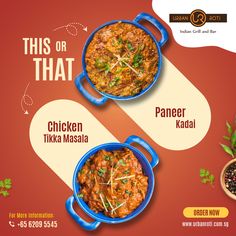 Enjoy the Double delight, double flavor!🍗🧀  Our creamy Chicken Tikka Masala and spicy Paneer Kadai are the perfect feast for your taste buds. 😋  📍101 Syed Alwi Road, Singapore - 207 677. 🌐To browse and order please visit : www.urbanroti.com.sg 📲Ask us and let us know your thoughts: +65 6209 5545 Restaurant Creative Ads Ideas, Food Ads Creative Marketing, Creative Food Design, Food Post Design, Food In Singapore, Kartu Tarot, Samosa Chaat