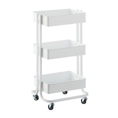 a white cart with three shelves on wheels