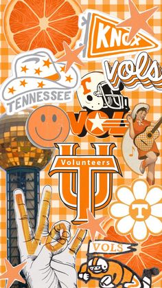 an orange and white checkered background with various stickers