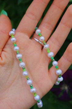 Pearl & Green Necklace beachy vibes & a lil longer than a choker Pearl Green Necklace, Beachy Vibes, Green Necklace, Beaded Necklaces, Chain Styles, Necklace Etsy, Choker, Handmade Items, Beaded Necklace