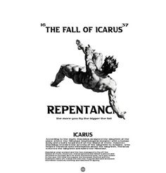 an advertisement for the fall of icaruus, featuring a man falling off his back