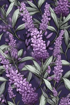 purple flowers and green leaves on a purple background