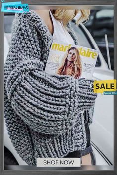 Fashion Knitting Solid Color Long Puff Sleeves Sweater Casual Acrylic Knit Sweater Coat, Casual Fall Acrylic Knitting Pattern, Casual Acrylic Knitting Pattern For Fall, Casual Fall Knitting Pattern In Acrylic, Casual One-size Knitted Sweater, Gray Knit Knitting Pattern For Fall, Gray Knit Pattern For Fall, Gray Knitting Pattern For Fall, Gray Hand Knitted Sweater For Fall