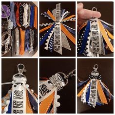 several pictures of different ribbons and key chains