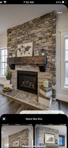 an image of a living room with stone fireplace and pictures on the wall above it