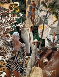 a collage of women in animal print clothing and accessories, including a handbag