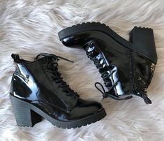 Size: 7 Brand: Rampage Closure: Size zippers, front laces Condition: Pre-owned vintage excellent. Definitely worn but in great shape. Ok soles. Clean insoles. Measurements: Total height (measured from back) 7". Heel 3". Heel to toe from outside 9.25" Black Platform Ankle Boots, Punk Rave, Platform Ankle Boots, Black Platform, Lug Sole, Chunky Heel, Boot Shoes Women, Chunky Heels, Patent Leather