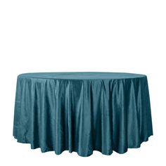 a round table covered with a teal satin tablecloth