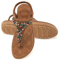 PRICES MAY VARY. [Bohemian Style]- Open toe flat sandals with colorful beads and rhinestones decorated on the upper, which has bohemian style and is a good choice for women's casual summer sandals. [All Day Comfort]- Boho sandals come with soft lining and ventilation holes to keep your feet fresh, soft lining reduces walking cushioning and brings all day comfort to your daily work and leisure activities. [Easy On/Off]- Elastic ankle straps adjust the elasticity to fit any foot shape, providing a Bohemian Flat, Bohemian Shoes, Casual Summer Sandals, Dressy Flats, Shoe Ideas, Boho Sandals, Beaded Flats, Beaded Sandals, Leisure Activities