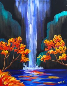 a painting of a waterfall with trees in the foreground and an orange fire hydrant on the far side