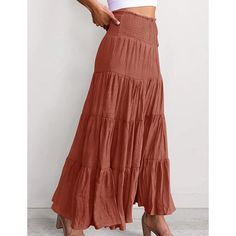 Rust Red Bohemia Pleated High Waist Maxi Skirt High Waist Maxi Skirt For The Beach, High Waist Red Skirt For The Beach, Bohemian Solid Color Maxi Skirt For Summer, Bohemian Summer Maxi Skirt In Solid Color, Beach Maxi Tiered Skirt In Solid Color, Bohemian Solid Color Skirted Bottoms, Bohemian Maxi Skirt For Summer, Bohemian Style Skirted Bottoms, Bohemian Wide Leg Solid Color Skirt