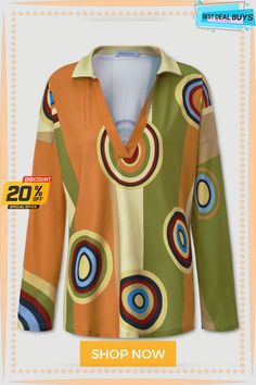 Vintage Geometric Contrast Printed Loose Long Sleeve V-neck Plus Size Casual T-shirt Retro V-neck T-shirt For Spring, Green Printed V-neck Top, Green V-neck T-shirt With Graphic Print, Multicolor Print V-neck Top For Fall, Orange Printed V-neck Top, Yellow V-neck Graphic Print T-shirt, Multicolor Graphic Print V-neck T-shirt, Multicolor V-neck Graphic Print T-shirt, Multicolor V-neck T-shirt With Graphic Print