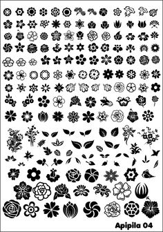 an assortment of flower designs in black and white