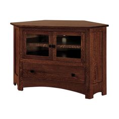 a wooden entertainment center with glass doors on the front and bottom shelves, in dark wood