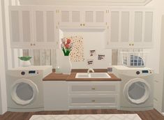 Preppy Bloxburg Laundry Room, Big Laundry Room Ideas Bloxburg, Coastal Bloxburg Laundry Room, Roblox Laundry Room, Beach Aesthetic Bloxburg House, Laundry Room Design Bloxburg, Bloxburg Landuary Room, Bloxburg Living Room Ideas Small Easy, Bloxburg Storage Room