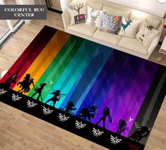 colorful rug with silhouettes of people and snowflakes on it in front of a couch