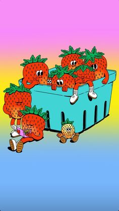 a group of strawberries sitting on top of each other in a blue container with faces drawn