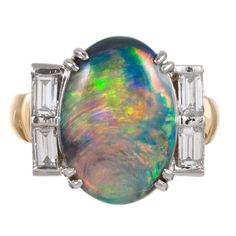 5 Carat Black Opal Diamond Ring | From a unique collection of vintage Cocktail Rings at https://www.1stdibs.com/jewelry/rings/cocktail-rings/. Opals Jewelry, Black Opal Jewelry, Radiant Diamond Rings, Modern Rings, 5 Carat Ring, Gold Drop Necklace, Opal Diamond Ring, Black Opal Ring, Handmade Jewelry Ring