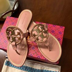 Brand New Tory Burch Miller Sandals. Size 9. Tory Burch Miller Sandals, Tory Burch Miller, Tory Burch Miller Sandal, Shoe Lover, Tory Burch Shoes, Pink Gold, Women's Shoes Sandals, Pink And Gold, Tory Burch