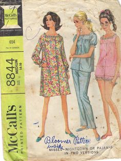 60s Nightgown, duster, pajamas pattern, baby doll pajamas,  Size 14-16   Bust 34-36  Waist 26-28   Hip 36-38 The pattern is cut and complete. The envelope has lots of discoloration, edgewear, and pen writing.   All patterns are mailed in quality archival storage sleeves. Vintage Nightgown For Pajama Party In Spring, Retro Sleepwear For Spring Pajama Party, Vintage Sleepwear For Pajama Party In Spring, Retro Spring Sleepwear For Pajama Party, Vintage Spring Nightgown For Pajama Party, Spring Vintage Nightgown For Pajama Party, Retro Long Sleeve Sleepwear For Pajama Party, Vintage Spring Sets For Pajama Party, Vintage Pajama Party Sets For Spring