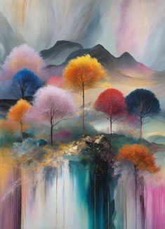 an abstract painting with colorful trees and mountains in the background, painted on canvas by artist susan