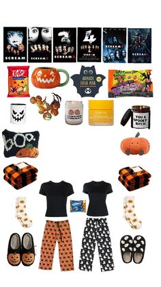 a group of halloween items arranged in the shape of a circle on a white background