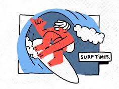 an illustration of a man surfing on a surfboard with the words surf times below it