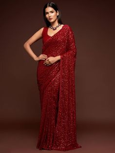 Ruby Red Fully Sequined Georgette Party Wear Saree Sequins Saree, Red Sari, Party Wear Sarees Online, Sequence Saree, Sequin Saree, Party Sarees, Party Wear Saree, Georgette Blouse, Party Kleidung