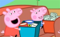 two peppa piggies standing next to each other in front of a trash can