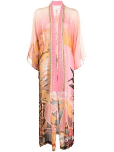 peach pink/multicolour silk chiffon all-over Capri Me print layered design crystal embellishment shawl collar open top wide sleeves straight hem long length Chiffon Kimono, Layered Design, Oversized Coat, Crystal Embellishment, Peach Pink, Wide Sleeves, Open Top, Silk Chiffon, Layers Design