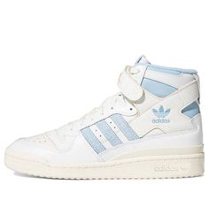 The adidas Forum 84 High 'UNC' is a classic sneaker with a glossy leather-like upper. It is designed to be comfortable and suitable for everyday wear, featuring a plush inner lining and iconic ankle strap. This timeless silhouette is inspired by the basketball court, combining sporty style with modern fashion. The Creamwhite/White/Blue colorway is perfect for any casual or streetwear look. Whether you’re out for a run or just hanging out, the adidas Forum 84 High 'UNC' is the perfect choice. (SNKR/Retro/Skate/Casual/Unisex) Chunky Adidas, Adidas Forum, Classic Sneakers, Stylish Sneakers, Sporty Style, Modern Fashion, Adidas Shoes, White Blue, Ankle Strap