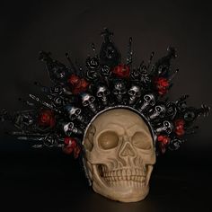 Queen of Skulls Crown Black Silver Mystical Crown Halloween Costume Headpieces, Mystical Crown Costume Hats For Halloween, Halloween Crown Costume Hat For Fantasy Events, Gothic Structured Crown For Festivals, Fantasy Crown Headpiece For Halloween, Gothic Tall Crown For Festivals, Fantasy Tall Crown For Halloween, Gothic Round Crown For Festival, Gothic Crown With Round Crown For Festival