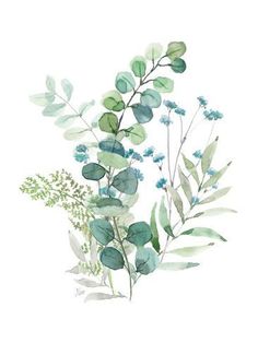 watercolor painting of blue flowers and green leaves