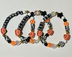 Happy Halloween These bracelets are great for stacking to any watch, or wear alone for a dainty look.  Bracelet sizes: 6 inches--xsmall 6.5 inches--small 7  inches--medium/average 7.5 inches--large  Price is for one bracelet. [CARE TIPS -To keep your item lasting longer avoid contact with water and lotions. Halloween Word Bracelet, Halloween Novelty Orange Bracelets, Novelty Orange Bracelets For Halloween, Handmade Orange Bracelets For Halloween, Halloween Novelty Bracelets Personalized, Novelty Personalized Halloween Bracelets, Halloween Themed Handmade Beaded Bracelets, Fun Adjustable Jewelry For Halloween, Handmade Halloween Themed Beaded Bracelets