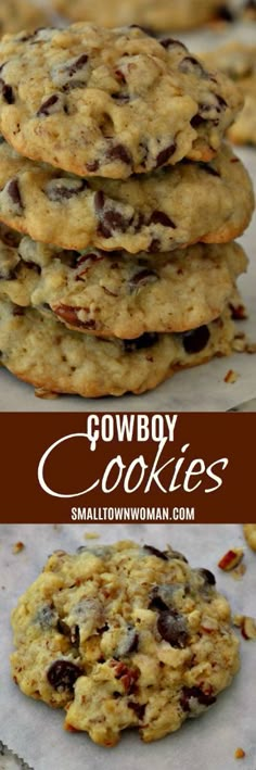 cowboy cookies are stacked on top of each other with the words cowboy cookies in the middle