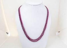 "Ruby Smooth Rondelle Beads Necklace, 2 Strands Necklace, Heated Ruby Plain Beads, Ruby Wedding Necklace, Mother's Day Gift, Ruby Loose Beads Ruby Necklace Perfect for Gatherings and to wear with Gowns. This is a truly unique Necklace as all the beads are Well polished. Gemstone: Ruby (Heated) Type: Smooth Plain Rondelle Color: Red Grade: AAA Strands: 2 Size: 3-6 mm Graduation Necklace Lenght: 38\" (Inch) Weight: 216.90 Carat (GW) UNDERSTANDING UNITS: * 1 Gram= 5 Carats * 1 inch- 2.54 cm FACTS: Wedding Single Strand Rondelle Beaded Necklace, Rondelle Necklace With Faceted Beads For Wedding, Wedding Necklace With Rondelle Faceted Beads, Wedding Necklace With Faceted Rondelle Beads, Wedding Beaded Necklace With Rondelle Faceted Beads, Raw Gemstone Ring, Graduation Necklace, Ruby Wedding, Ruby Beads