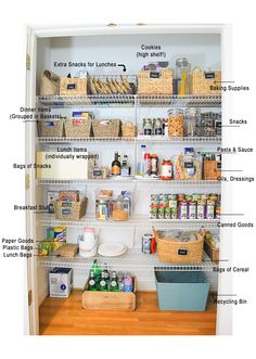 an organized pantry with labeled labels on the shelves and food items in bins below