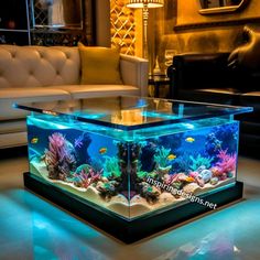 an aquarium is lit up in the middle of a living room