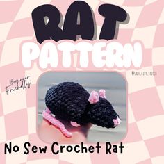 two black crocheted mice sitting on top of each other in front of a pink and white checkered background