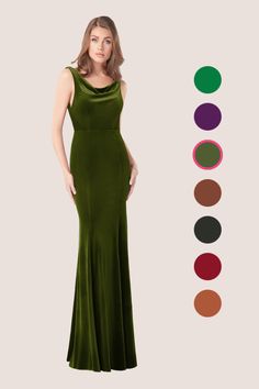 a woman in a long green dress with different colors