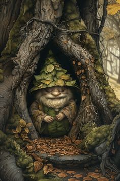 Description: This enchanting art print features a serene gnome resting peacefully within the hollow of an ancient tree, adorned with leaves and surrounded by forest foliage. Ideal for decoupage and crafting, this piece adds a touch of whimsical tranquility and natural charm to any creative project or space. Characteristics: gnome, tree hollow, leaves, serene, forest, foliage, whimsical, tranquil, natural, enchanting Uses:  Our decorative art papers are produced with quality ink and materials to ensure ease of application, vivid images, and a professional-looking finish that will take your projects to the next level. We carry a variety of paper types and sizes allowing for versatile application across a range of surfaces and project scales. These prints can be used for updating and rejuvena Gnomes And Trees, Gnomes Made With Leaves, Pine Grove Gnomes, Gnomes With Tree, Tree Hollow, Gnome Tree, Forest Foliage, Digital Art Software, Serene Forest