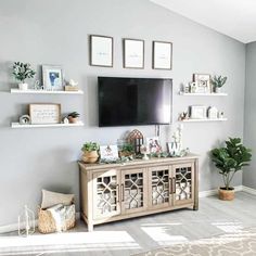 a living room with a television on the wall and some plants in baskets next to it