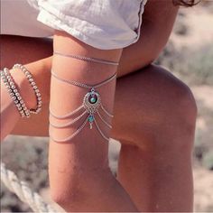 Beautiful New Boho Faux Turquoise Multi Chain Anklet / Arm Jewelry. Unique. Wear On Ankle Or Arm. Silver Arm Cuff, Upper Arm Cuffs, Arm Bracelets Upper, Arm Bracelets, Beach Anklets, Mode Boho, Turquoise Boho, Layered Chains, Arm Cuff