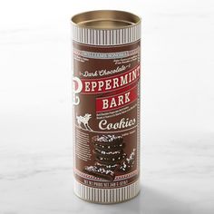 a can of peppermint bark cookies on a marble counter